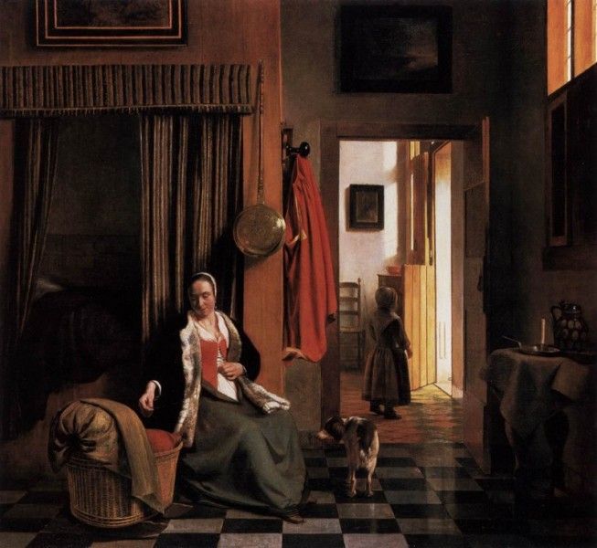 Pieter De Hooch – Donna che si allaccia il corpetto vicino a una culla